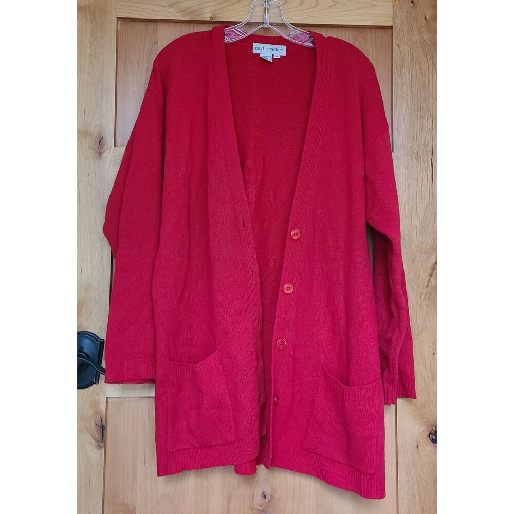Vintage Outlander Lambs Wool Angora Red Cardigan MEDIUM Pockets Cottagecore Warm
